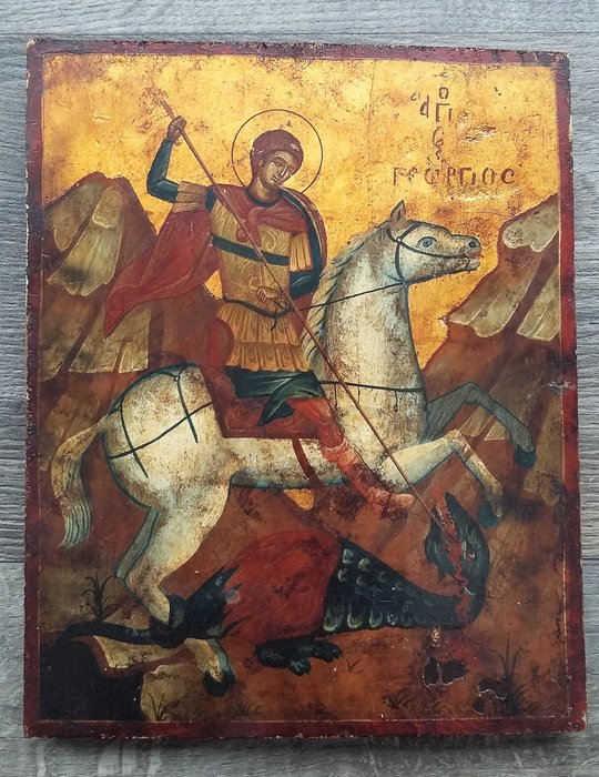Heiliger Georg und der Drache - Tempera auf Holztafel - russische Ikone - Mittelalterlicher Stil - Holz