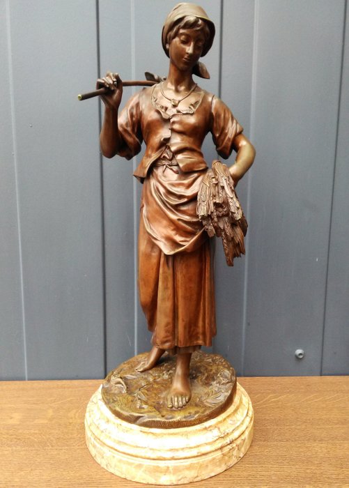 Eugene Antoine Aizelin (1821-1902) – Groot bronzen beeld – Glaneuse – 70 cm – Brons, Marmer – Tweede helft 19e eeuw