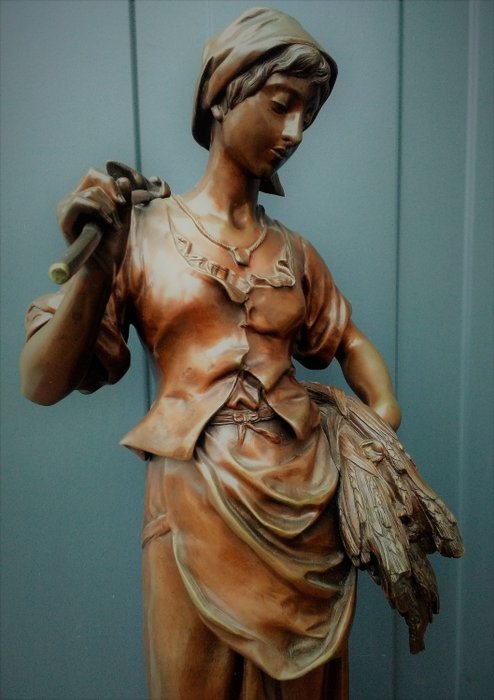 Eugene Antoine Aizelin (1821-1902) – Groot bronzen beeld – Glaneuse – 70 cm – Brons, Marmer – Tweede helft 19e eeuw