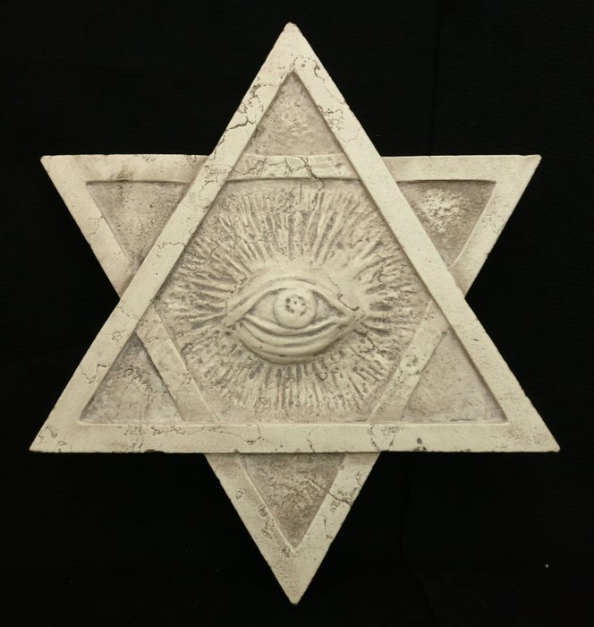 Esoterisch beeldhouwwerk - Hexagram met oog van de voorzienigheid - 46 cm x 46 cm - Marmer van Istrië