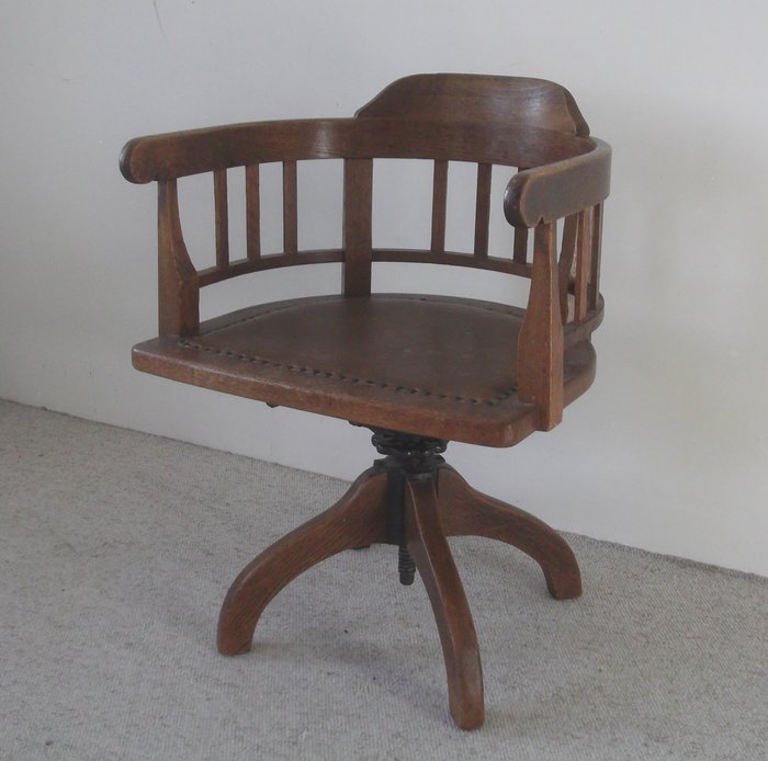 antyczne krzesło biurowe - Drewno, skóra, stal - początek XX wieku