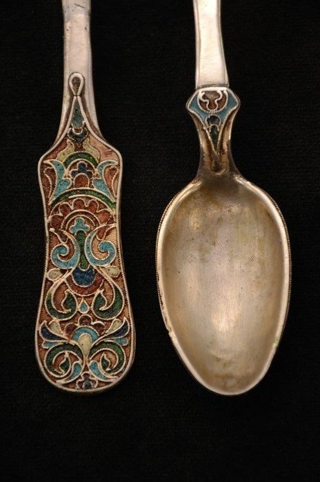 Lepel, Emaille theelepels (6) – .875 (84 Zolotniki) zilver – Rusland – Tweede helft 19e eeuw