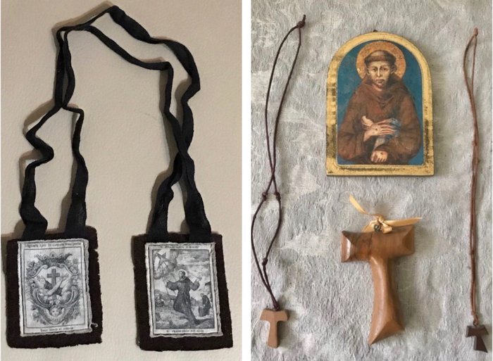 Eksklusiv St. Francis af Assisi, skulderformet - håndmalet ikon - TAU-kryds - amuletter (5) - Forgyldning, Tekstiler, Træ, gummi