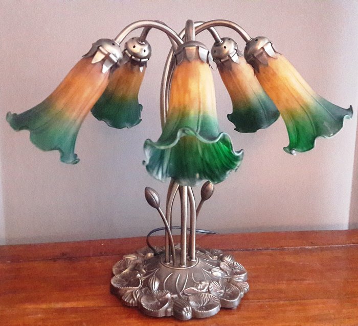 lampada a tulipano 5 rami - Art Déco - Ottone, Pasta di vetro