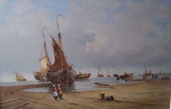 Frank van der Burg (20e eeuw) - Bomschuiten aan het strand
