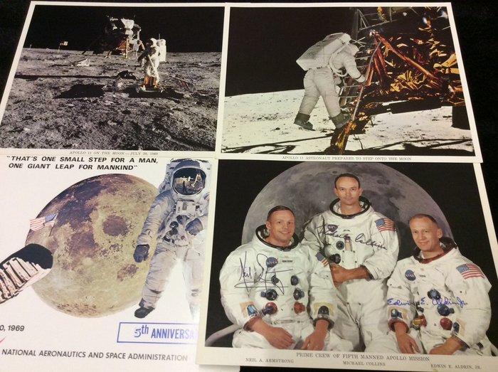 NASA. Apollo 11 signé par l'équipage (photolithographie à ouverture automatique) Armstrong, Aldrin, Collins - Photo