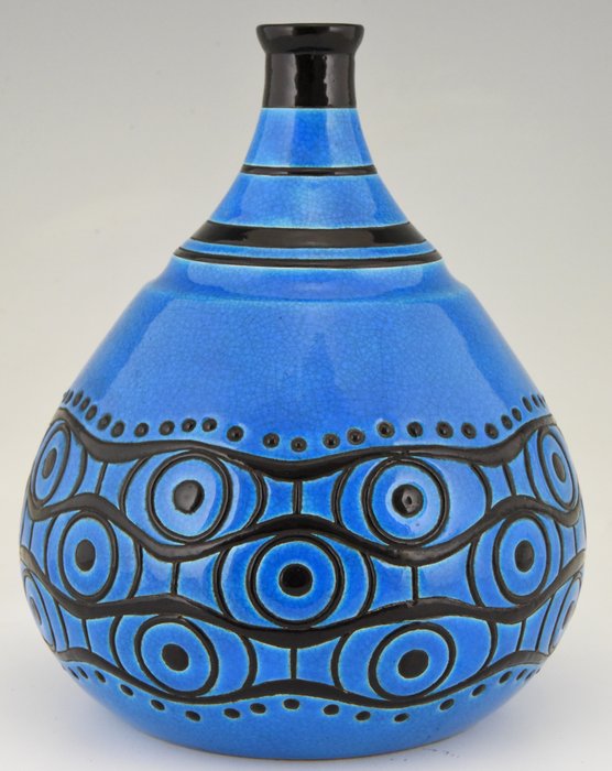 Longwy - Atelier Primavera - 裝飾藝術藍色和黑色陶瓷花瓶