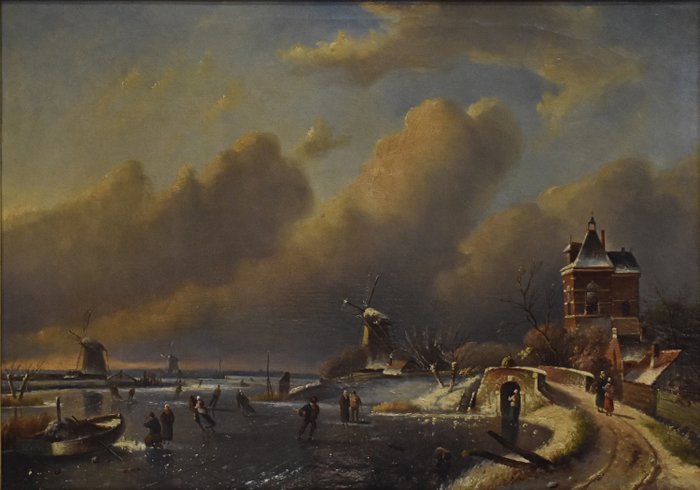 J.C. Corver (1837-1923) - Winter landschap met kasteel, molens en schaatsers