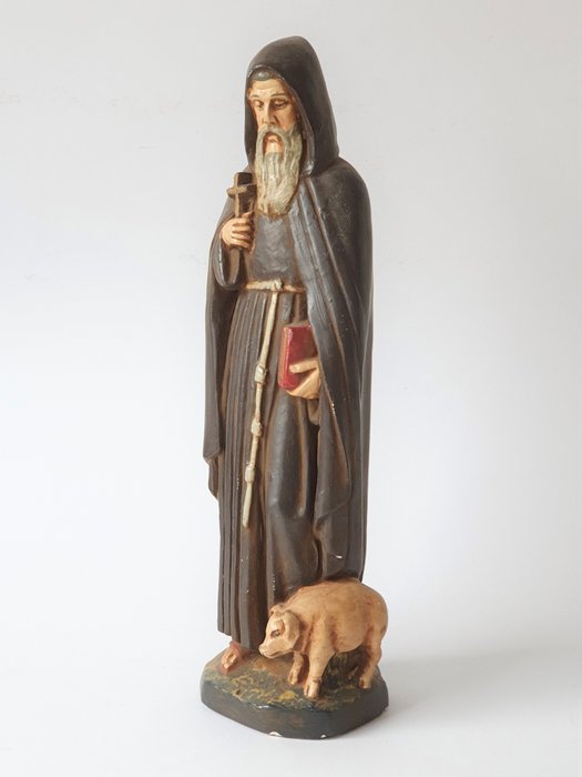 St. Jos - Polychrom bemalte Statue von Antonius Abt - Mit Schwein - Gips