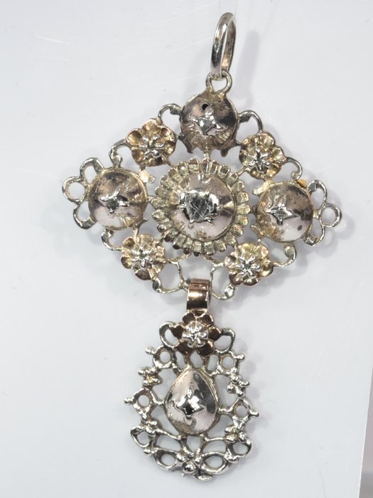 Zilver – Hanger, Antiek Victoriaans, typisch Vlaams Kruis, Anno 1860 – Diamant – Natuurlijk (onbehandeld), GEEN RESERVEPRIJS