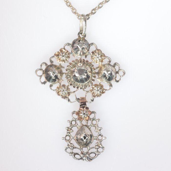 Zilver – Hanger, Antiek Victoriaans, typisch Vlaams Kruis, Anno 1860 – Diamant – Natuurlijk (onbehandeld), GEEN RESERVEPRIJS