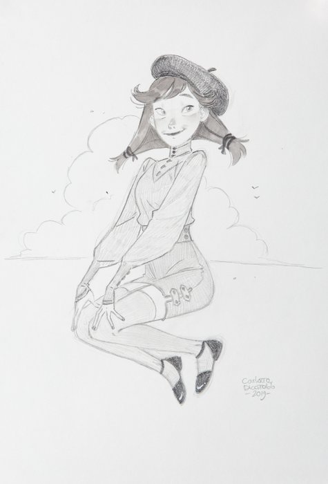 Carlotta Dicataldo - Illustrazione Originale - "Tipa che salta tra le nuvole" - tecnica mista - A4 - Loose page - Other (2019)