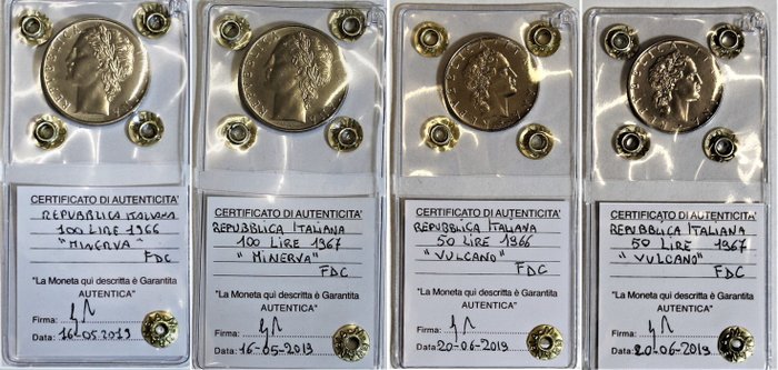 義大利. 50 Lire / 100 Lire 1966/1967 "Vulcano" e "Minerva" (4 monete)  (沒有保留價)