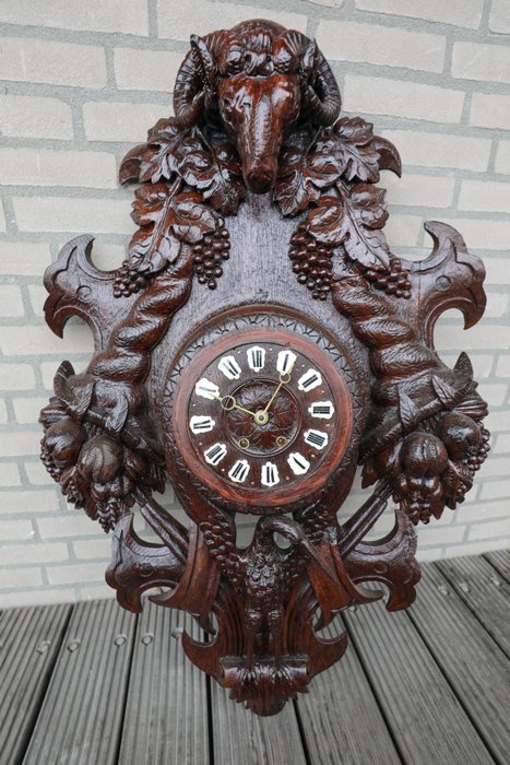 XL Antyczny zegar ścienny niemiecki czarny las 95 cm (czarny) zegar myśliwski - Drewno - Early 19th century