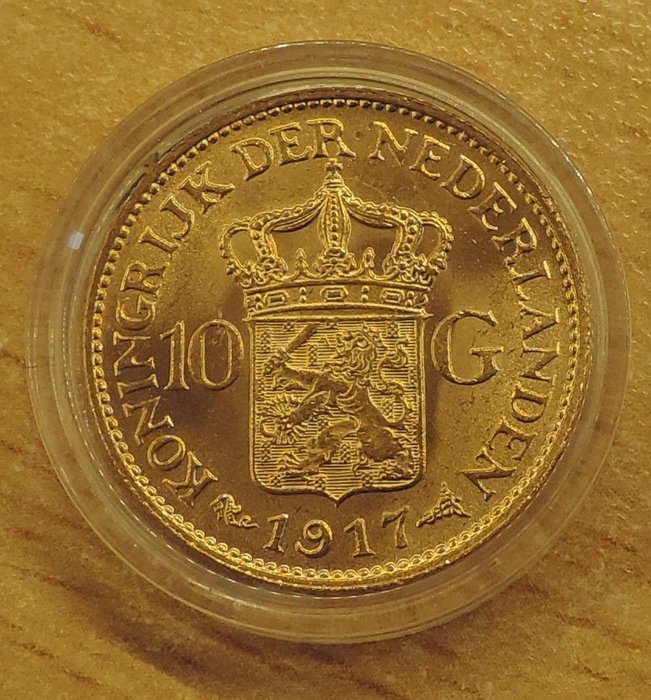 荷兰 - 10 Gulden 1917 Wilhelmina - 金