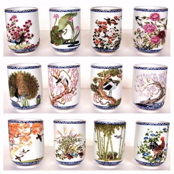 Kinuko Yamabe and Naoko Nobata - Franklin Mint - Superbe ensemble complet de tasses à thé Franklin Mint Birds & Flowers Of The Orient avec finition 24 carats- - Porcelaine dorée 24K