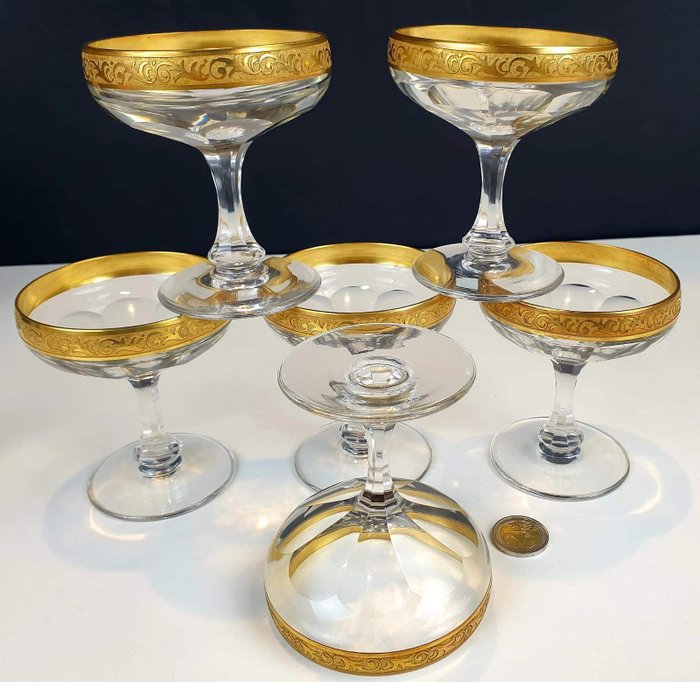 Moser - Antique champagne cup service with 24KT gold decoration (6) - Crystal, 24KT gold
