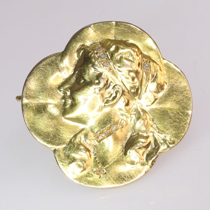 18 karaat Geel goud – Broche, Art Nouveau – Vierbladige Klaver met vrouwenhoofd – Diamant – GEEN RESERVEPRIJS