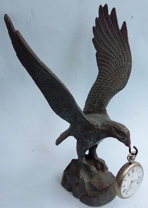 Molnija - Große Bronze Taschenuhr Molnija Uhrenhalter Porte Montre - Adler Greifvogel Wolf Wölfe (2) - Bronze, Metall, vernickelt