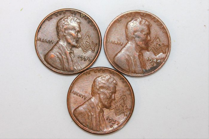 3 frimureriske øre i cent 1944 - 1950 - 1957 - Bronze
