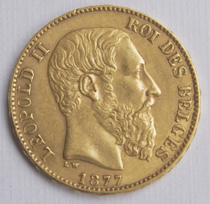 België – 20 Francs 1877 Leopold II – Goud