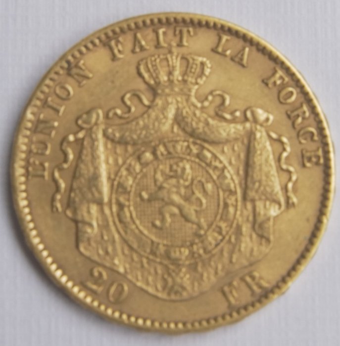 België – 20 Francs 1877 Leopold II – Goud