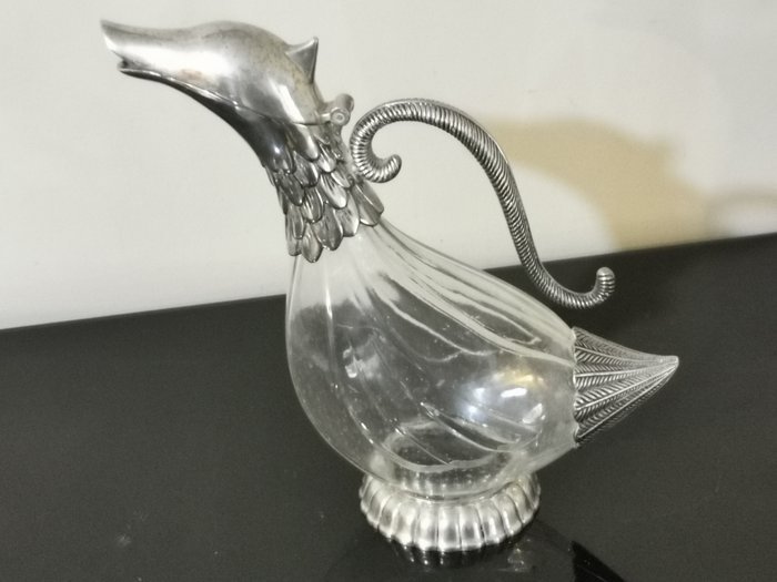 Signé "SILEA" - 动物形玻璃水瓶（鸭） - 吹制玻璃和银色金属