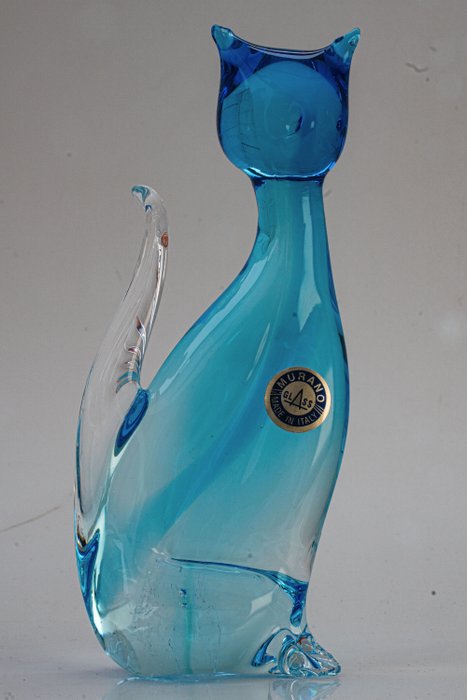 Murano - Kék árnyalatú macska - Magasság 16 cm - Üveg
