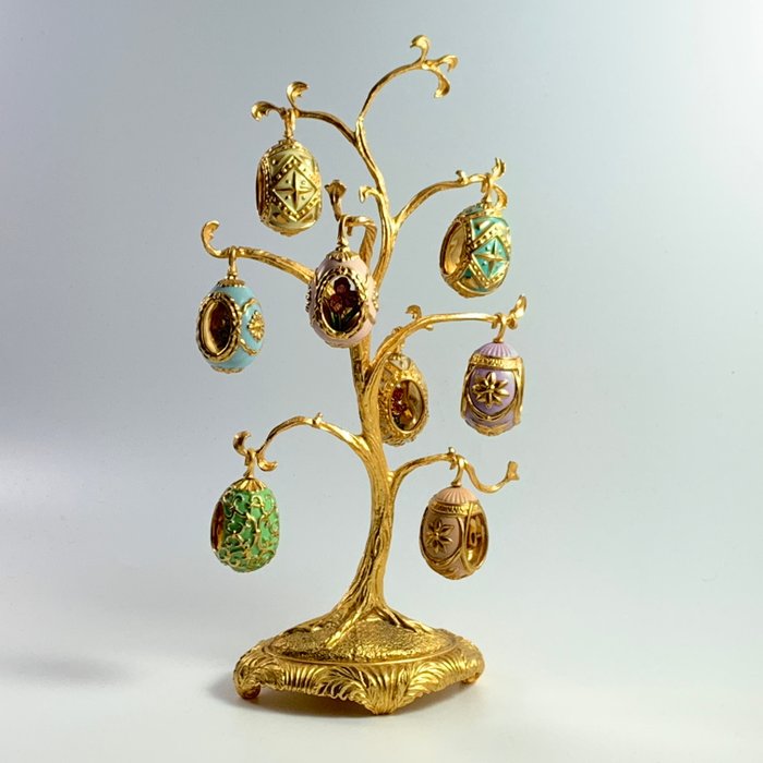 Franklin Mint, House Of Faberge - 春天的宝石-收藏家鸡蛋树 - 镶有24克拉镀金元素，并在花朵中镶有宝石