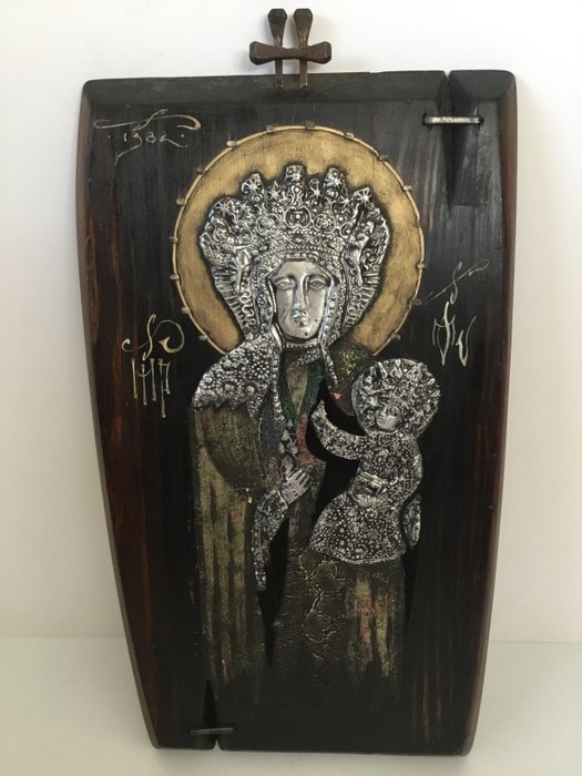 TADEUSZ PAUL - Ikon Madonna med barn (med autenticitetens baksida) - Trä