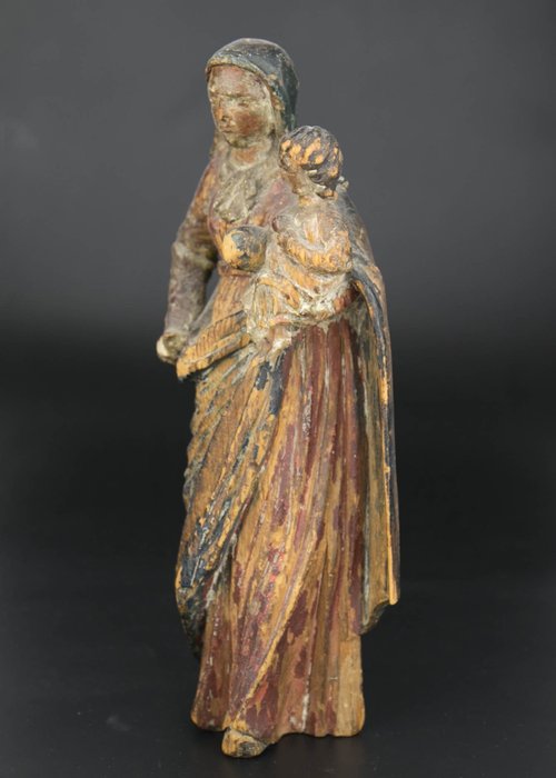 Madonna en Jezus, Salvator Mundi – Hispano- Vlaamse sculptuur met polychromie – Hout – 17e eeuw