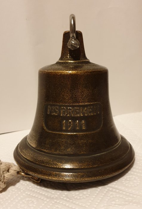 Ship's bell "MS BREMEN 1911" with shackle and bell rope - Bronze or brass
