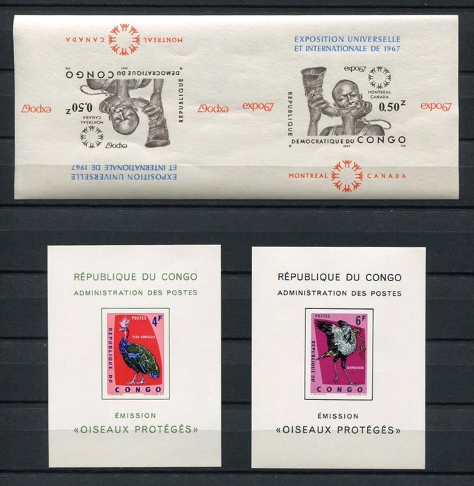 Belgian Kongo 1963/1967 - Ylelliset lakanat "Protected Birds" ja käänteinen pari "Montreal" - OBP/COB LX488/490 - 651B-Cu
