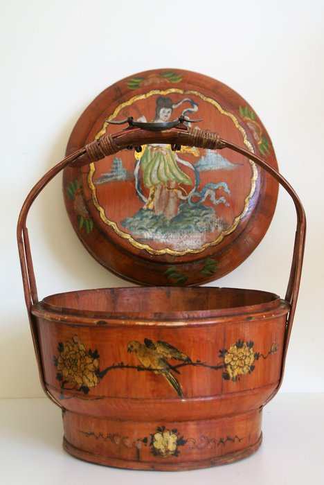 古董木中国亚洲婚礼篮食品米容器金镀金 - 木材， 班博， 铜 - 中国 - 始于20世纪