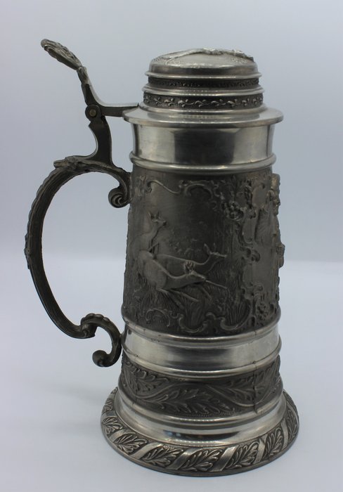 Frieling Zinn Germany - Large German pewter jug with dog lid (1) - Art Nouveau - Pewter/Tin