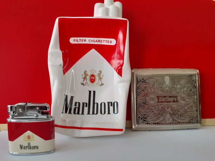 Marlboro - Feuerzeug, Aschenbecher, Zigarettenschachtel (3) - Metall und Porzellan