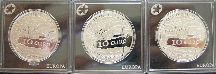 Italia. 10 Euro 2010 "Aquileia" in capsule (3 stuks)  (Ei pohjahintaa)
