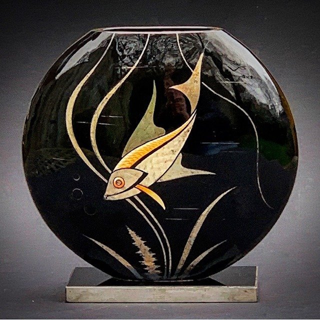 Michel Herman - HEM - Vază de sticlă Art Deco cu decor de pește