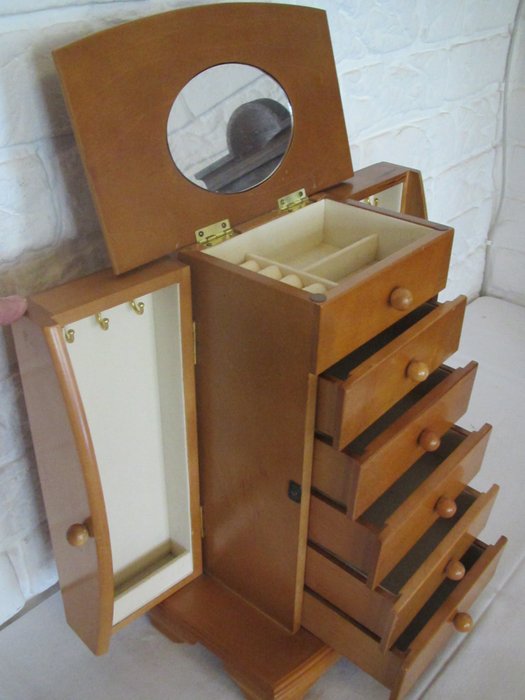Bijzonder goed onderhouden vintage sieradenkastje, omstreeks 1960 - hout, vilt, spiegelglas