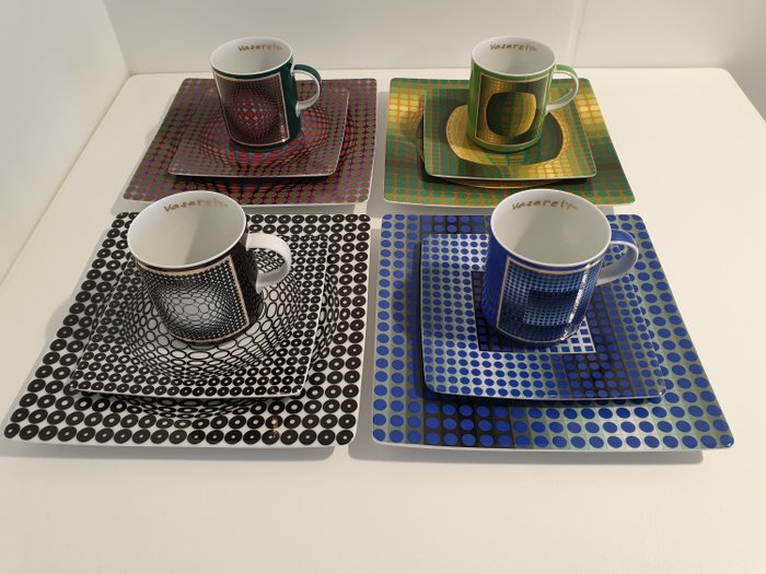 Victor Vasarely - KONIGL. PR. TETTAU GEGR. 1794 - Juego de café para 4, Juego para pastas/tarta (12) - Pop Art - Porcelana