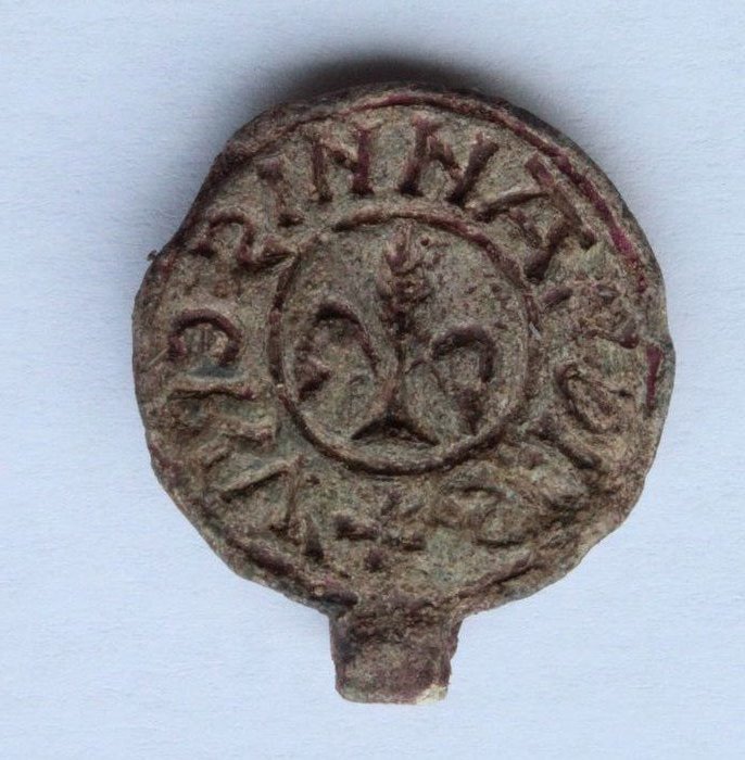 Medieval Plomo sello con flor de lis + SIGL ANNIS CRV