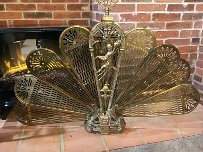 Vintage Large Brass Peacock Fireplace Screen Folding Fan