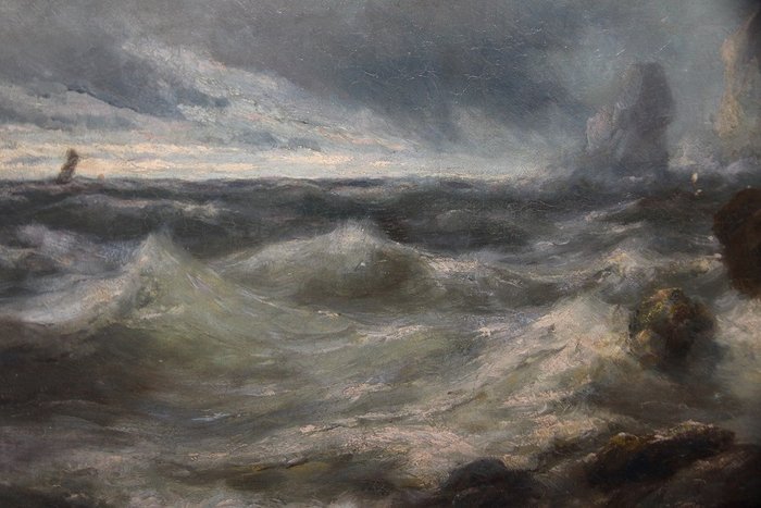 Jan H B Koekkoek (1840-1912) – Woelige zee met zeilschip aan de horizon
