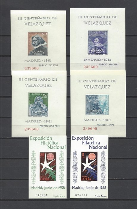 Spagna 1958/1961 - Brussels and Velázquez mini-sheets with the same numbering - Edifil nº 1222/23 + 1344/47.