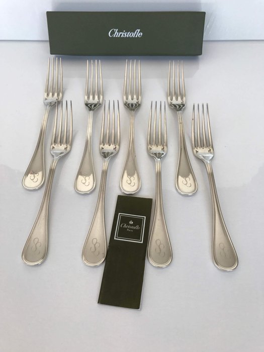 Christofle - Tenedor - Juego de 8 tenedores llanos modelo Albi con monograma - Plateado