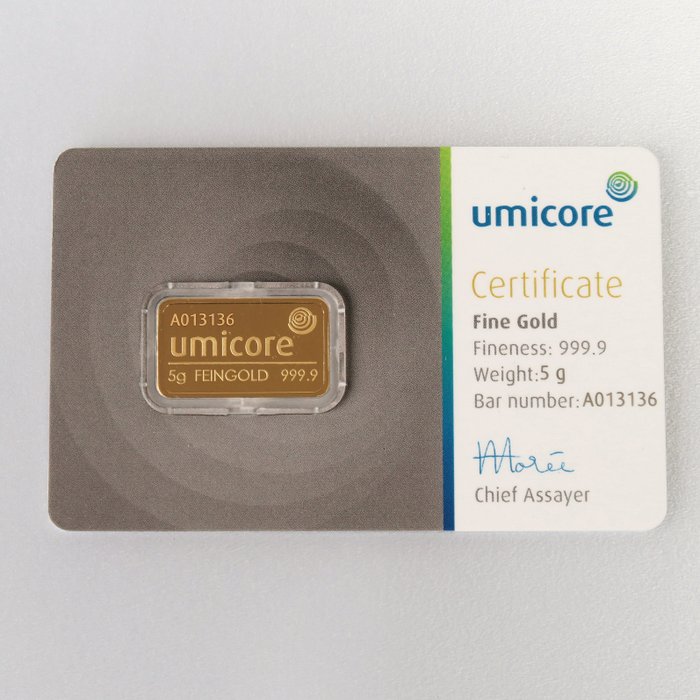 5 grams - Gold .999 - Umicore - Sealed & with certificate