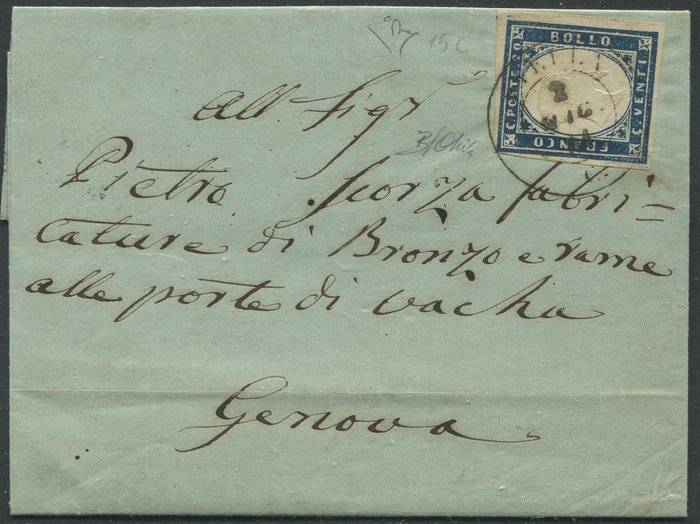 Italiaanse oude staten - Sardinië 1862 - 20 c. light blue on letter from Stella (Pt.12) to Genoa - Sassone N. 15C