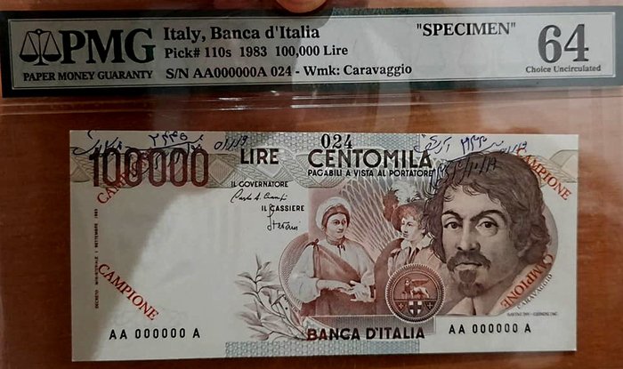 Italia - 100000 lire  D.M. 1/09/1983 - Caravaggio I° tipo - FDS - Specimen - R5