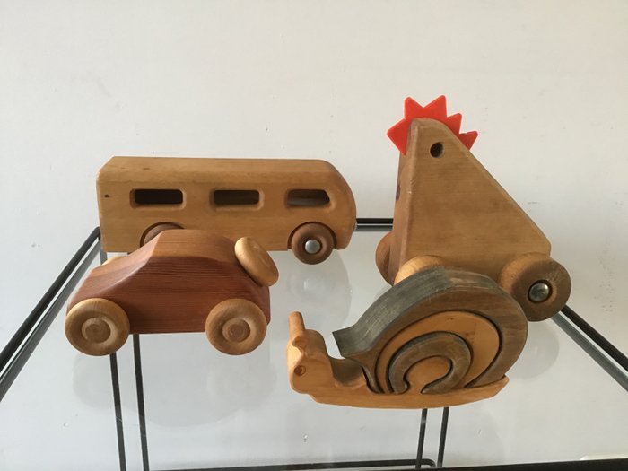 Jukka, Debresk, Bilderkiste Lankau - giocattoli; autobus, lumaca, pollo, macchina (4) - Legno