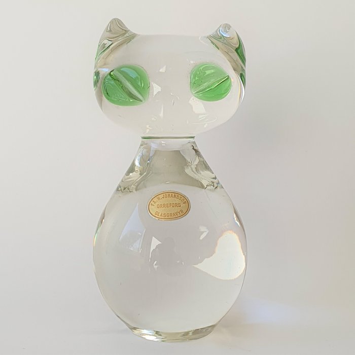 Kjell Blomberg - Gullaskruf Glasbruk (Zweden) - Kot z litego szkła o zielonych oczach - 914 gramów - Szkło